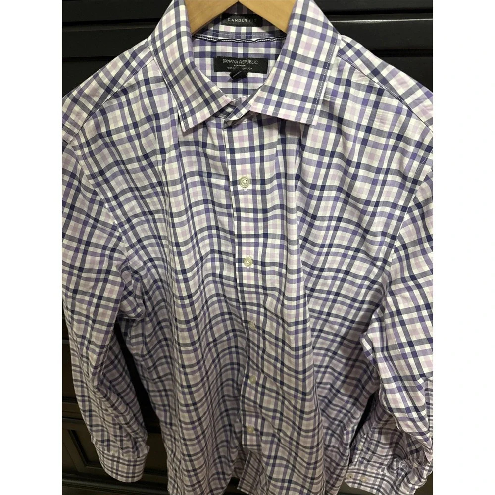 Banana Republic Shirt‎ Men Large Purple Plaid Camden Fit Button Down Collar